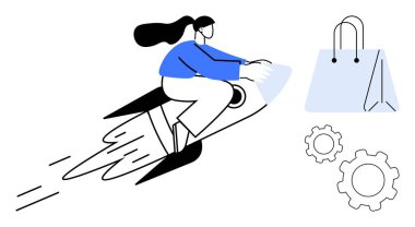 Bir kadın alışveriş çantasına doğru roket sürüyor, vites simgeleriyle çevrili. E-ticaret, teknoloji, yenilik, çevrimiçi alışveriş, girişimcilik, iş büyümesi, basit iniş sayfası için ideal