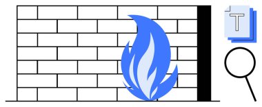 Mavi alevli tuğla duvar, büyüteç ve katmanlı dosyalarla birlikte veri güvenliğini ve korumayı simgeliyor. Siber güvenlik, veri güvenliği, ağ savunması, teknoloji ve bilişim için ideal