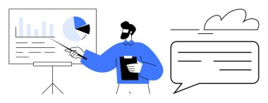 Grafikler, pasta bölümleri ve ekrandaki verileri gösteren panoyu tutan sunucu. İş analizi, eğitim, pazarlama, takım çalışması, iletişim, eğitim ve strateji için ideal