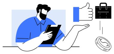 Elinde pano tutan adam, baş parmaklar, evrak çantası ve madeni para vurgulama değerlendirmesi, onay ve verimlilik. İş için ideal, planlama, kariyer büyümesi başarı organizasyon analizi basit düz