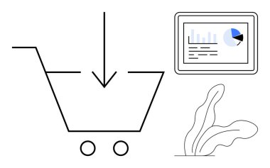 Aşağı bakan oklu alışveriş arabası, çizelgeli analitik gösterge paneli, soyut bitki. E-ticaret, veri analizi, çevrimiçi satışlar, pazarlama, perakende trendleri büyümesi için ideal. Basit düz metafor