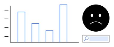 Düşen çubuklu bar tablosu, üzgün surat ifadesi ve arıza, ilerleme eksikliği veya çözüm ihtiyacını gösteren arama çubuğu. Analiz, problem çözme, strateji, araştırma ve geri bildirim için ideal