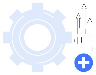 Geniş dişli, yukarı doğru ok ve mavi artı işareti gelişmeyi, yeniliği ve verimliliği simgeler. Büyüme, takım çalışması, gelişim geliştirme planlama teknolojisi temaları için idealdir. Basit.