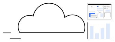 Online depolamayı temsil eden bulut, veri analiz çubuğu grafiği ve bir dijital dosya arayüzü. Bulut teknolojisi, veri görselleştirme, iş analizi, dosya paylaşımı, uzaktan çalışma, dijital