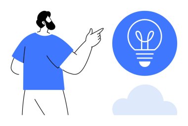 İnsan, yeniliği, yaratıcılığı ya da çözümleri sembolize ederek parlayan bir ampul ikonuna doğru hareket eder. Beyin fırtınası, takım işbirliği, eğitim, problem çözme, yenilik yaratıcılığı için ideal