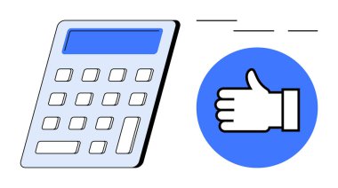 Baş parmak ikonunun yanındaki hesap makinesi. Finans, muhasebe, bütçe, analiz, onay ve verimlilik için ideal basit bir iniş sayfası. Çizgi benzetmesi. Basit satır simgeleri