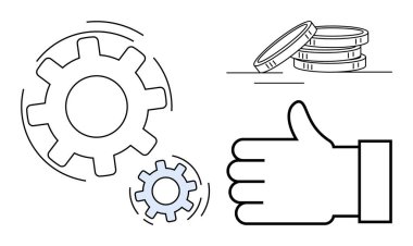 Birbirine kenetlenmiş iki vites, bir yığın bozuk para ve bir el hareketi. Takım çalışması, üretkenlik, işbirliği, optimizasyon, başarı, yenilik ve basit bir iniş sayfası için ideal