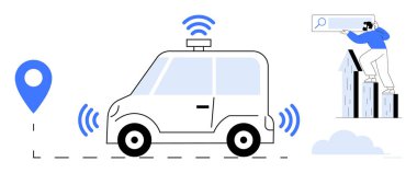 Kendi kendine giden araba, konum işaretleyicisi yakınlarında sinyal yayıyor ve çubuk grafiklerdeki verileri analiz ediyor. Ulaşım, teknoloji, yenilik, navigasyon, veri analizi, araştırma ve verimlilik için ideal. Basit.