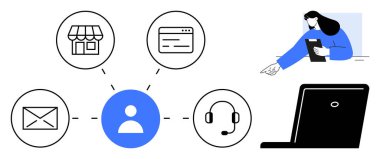 Bağlı e- posta, depolama, kulaklık ve tarayıcı simgelerine sahip merkezi kullanıcı simgesi. Yanında dizüstü bilgisayarı olan tabletli bir kadın. İletişim, iş çözümleri, müşteri hizmetleri teknolojisi için ideal