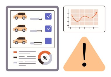 Araba performans listesi, grafik üzerindeki veri eğilimleri, risk uyarı üçgeni, yüzde tablosu. Analiz için ideal, risk yönetimi, ulaşım, filo izleme veri içgörüsü planlama. Basit.