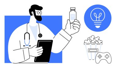 Doktor elinde ilaç ve tablet tutuyor. Ampul, patlamış mısır ve oyun kontrol simgelerinin yanında. Sağlık, yenilik, teknoloji, eğlence, yaratıcılık ve basit bir iniş sayfası için ideal