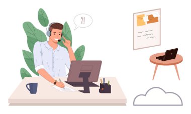 Erkek profesyonel müşterilere kulaklıkla yardım ediyor, bitkiler ve düzenli bir masa arasında masaüstünde çalışıyor. İletişim, iş, danışmanlık, müşteri hizmetleri, üretkenlik, çevrimiçi destek için ideal