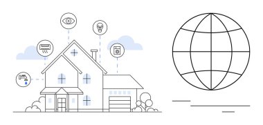 Güvenlik kamerası, termostat, musluk ve aydınlatma gibi akıllı cihazlara bağlı modern bir ev. Küresel ağ sembolü. Teknoloji için ideal, ev otomasyonu, IOT, küresel bağlantı
