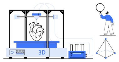 3D yazıcı insan kalbi yapıyor, elinde balon tutan bir bilim adamı, geometrik diyagram. Bilim, teknoloji, yenilik, tıbbi araştırma, mühendislik, eğitim yaratıcılığı için idealdir. Basit iniş
