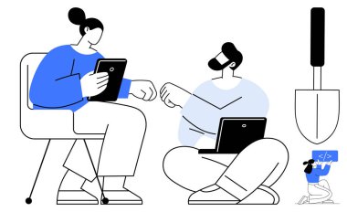 İki profesyonel, dizüstü bilgisayarlar ve tabletlerle takım çalışması yaparak fikir alışverişinde bulunuyor. İşbirliği, takım çalışması, teknoloji tasarımı, proje planlaması, üretkenlik, yenilik, basit