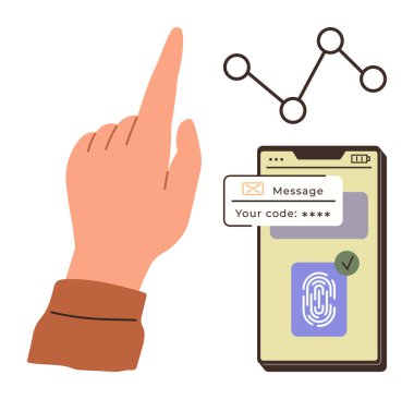 Telefonlar ile el etkileşimi güvenli doğrulama kodu ve parmak izi giriş sistemi, çevrimiçi güvenlik ve kimlik doğrulamayı temsil ediyor. Siber güvenlik, teknoloji, iletişim, mahremiyet için ideal