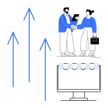 Ekip üyeleri, belgeleri tutarken el sıkışıyor mavi oklar ve elinde defter olan bir masaüstü monitörü. Takım çalışması, büyüme, başarı, strateji, ağ oluşturma, profesyonel iletişim için ideal