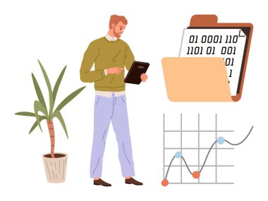 Adam saksı bitkisinin yanındaki tableti, ikili kodlu veri dizinini ve çizgi grafiğini inceliyor. İş, analitik, teknoloji, verimlilik, organizasyon araştırmaları ve eğitim için idealdir. Basit düz metafor