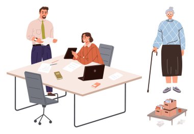 Profesyoneller dizüstü bilgisayarlar ve kağıtlarla bir masada iş birliği yaparken, bastonlu yaşlı bir kadın kutuların yanında gözlem yapıyor. Takım çalışması, bakım, çeşitlilik, işyeri, lojistik için ideal