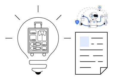 İçinde bavul olan ampul, Yapay Zeka robot işleri ve evrak kağıtları. Seyahat planlama, yapay zeka, yenilik, verimlilik, paketleme ipuçları, otomasyon için ideal