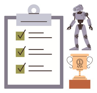 Robot, tamamlama işaretleri ve kupayla birlikte listenin yanında. Teknoloji, robot bilimi, yenilik, başarı, başarı, verimlilik ve planlama için ideal. Basit düz metafor