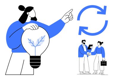 Çevre temalı ampulü tutan kişi, yenilenen ikon profesyonellerinin el sıkışmasına işaret ediyor. Takım çalışması, sürdürülebilirlik, eko-fikirler, yenilik, iş büyümesi, yenilenebilir kavramlar için ideal