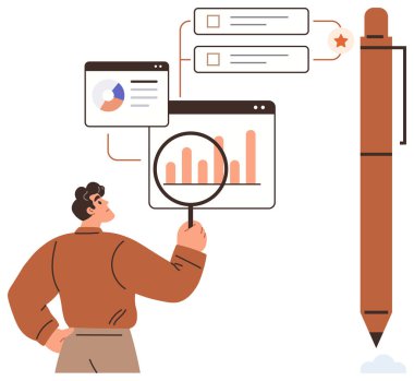 Bar grafiklerini ve çizelgelerini büyüteç kullanarak inceleyen bir adam. Analiz, veri bilimi, araştırma, iş akışı, strateji, üretkenlik ve basit düz metafor için ideal