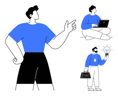 Önünde duran kendinden emin lider dizüstü bilgisayarda çalışan bir birey ve elinde evrak çantası ve parlayan bir ampul tutan bir profesyonel. Takım çalışması, liderlik, yenilik, uzak çalışma için ideal