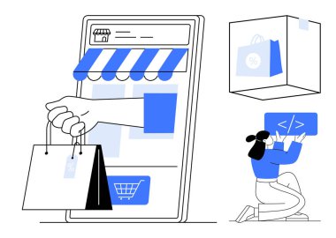 El çantası, programcı kodlaması ve alışveriş paketiyle mobil alışveriş uygulaması arayüzü. E-ticaret, mobil uygulamalar, çevrimiçi mağazalar, dijital pazarlama, perakende satış, kodlama için ideal