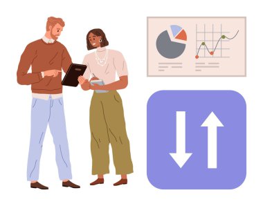 Arka planda tablet, bar ve pasta grafikleriyle veri analizi yapan iki iş arkadaşı, büyümeyi veya değişimi simgeleyen ok simgesi. Takım çalışması, analitik, iş stratejisi, işbirliği ve finans için ideal