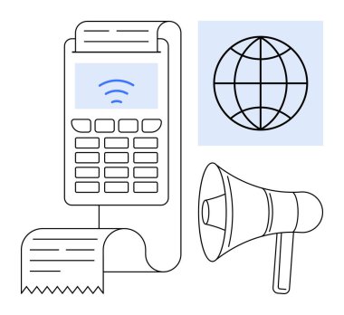 Temassız ödemeli POS terminali, bir makbuz, küresel ulaşımı sembolize eden küresel simge, ve pazarlama için bir megafon. E-ticaret, iletişim, ticaret, reklam, teknoloji finansmanı için ideal