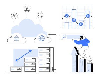 Sunucu yığınları, grafikler ve kullanıcı analitik simgeleri ile bulut bağlantısı. Büyüme grafiğine tırmanan kişi. Veri yönetimi, bulut hesaplama, güvenlik, iş analizi, ağ dijital için ideal