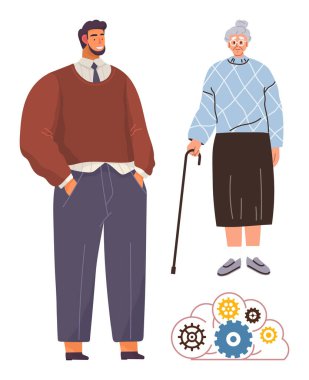 Resmi giyinmiş genç bir adam, vites ve bulut grafiğiyle bağlanmış bastonlu yaşlı bir kadının yanında duruyor. Takım çalışması, bakım, akıl hocalığı, çeşitlilik, işbirliği ve empati için ideal. A
