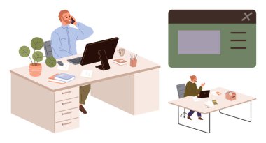 İki işçi masa başında bilgisayar, kağıt ve fabrikalarla çalışıyor. Üretkenlik, takım çalışması, iş akışı, uzaktan çalışma, proje yönetimi, işyeri kültürü için ideal