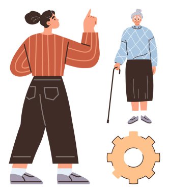 Yukarı bakan genç bir kadın, mavi kazaklı yaşlı bir kadın ve vites sembolü. Nesiller arası destek, bakım, toplum, akıl hocalığı, takım çalışması, aile değerleri paylaşımı için ideal