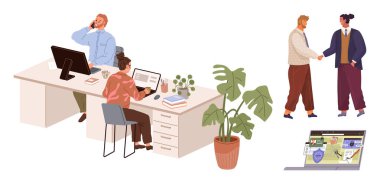 İki meslektaş bilgisayarlı masalarda çalışıyor, yakındaki iki kişi el sıkışıyor ve bir dizüstü bilgisayar sanal bir toplantı gösteriyor. Takım çalışması, iletişim, anlaşma, teknoloji, üretkenlik için ideal