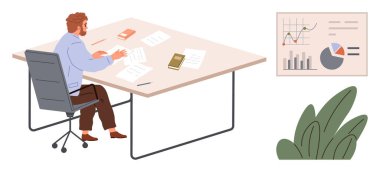 Masada oturmuş evrakları inceleyen bir adam, kitaplar ve kağıtlar yayılmış. Çizelgeler ve grafikler görünürde. Yakınlarda bir yerde bitki. İş, analiz, strateji, karar verme, planlama iş akışı için ideal