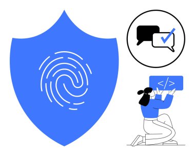 Üzerinde parmak izi olan mavi bir kalkan, onaylanmış bir iletişim ikonu ve elinde kodlama tahtası olan bir geliştirici. Siber güvenlik, doğrulama, çevrimiçi iletişim, programlama, kimlik koruması, güvenlik için ideal