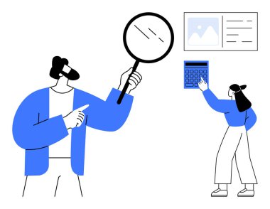 Büyüteçle inceleyen kişi ve belgelerin yakınındaki hesap makinesiyle etkileşime geçen biri. Araştırma, analiz, problem çözme, karar verme, takım çalışması, iş stratejileri için ideal