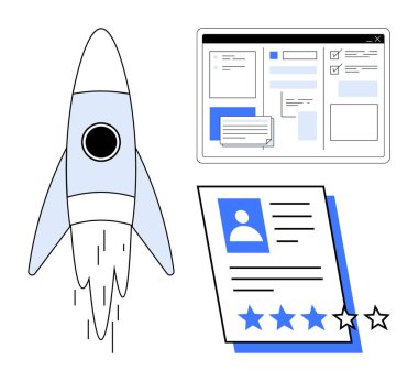 Roket bir özgeçmişin ve dijital gösterge panelinin yanında patlıyor, yenilik, ilerleme ve kariyer başarısını temsil ediyor. Kariyer büyümesi, adam toplama, üretkenlik, yenilik ve dijital araçlar için ideal