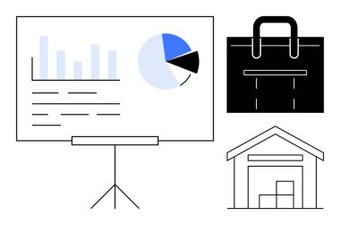 Ekrandaki veri tablosunda bar grafik ve pasta grafiği, evrak çantası ve depo taslağı var. İş analitiği, lojistik, tedarik zinciri, strateji planlaması, finans, takım çalışması için ideal, basit düz metafor