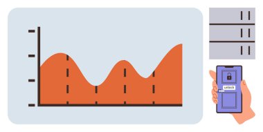 Şebekede parmaklık olan kırmızı dalgalanan grafik, akıllı telefonun kilidini açması, güvenli dosya çekmeceleri. Veri güvenliği, analitik, mobil entegrasyon, gizlilik, verimlilik teknolojisi şifrelemesi için idealdir. A