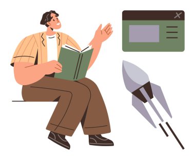 Genç adam açık bir kitap tutuyor, düşüncelere dalmış el kol geziyor. Roket ve tarayıcı penceresi yeniliği ve bilgiyi sembolize eder. Eğitim, teknoloji, yenilik, yaratıcılık, keşif eğitimi için ideal