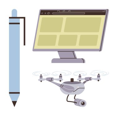 Kamera, stilus kalem ve tarayıcı pencereli masaüstü monitörlü bir dron. Teknoloji, yenilik, yaratıcılık, uzak çalışma, eğitim için ideal dijital medya modern iş akışları. Basit düz metafor
