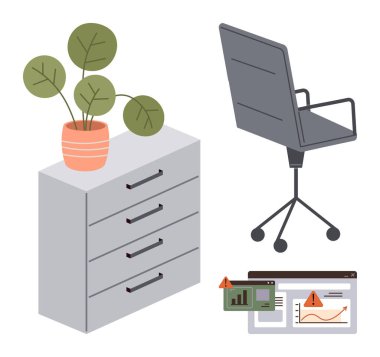 Ofis, sandalye, kabine ve fabrika ile birlikte ekranlardaki hata bildirimlerinin yanına kurulmuş. İş stresi, verimlilik, ofis yönetimi, teknik sorunlar, iş ortamı, iş akışı için ideal