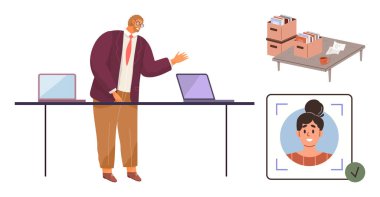 Çalışma alanı, dosya kutuları ve profil seçimi için dizüstü bilgisayarlara el kol hareketi yapan bir ofis çalışanı. İşe alım, ofis işleri, sunum, işyeri sistemleri, HR, takım çalışması için ideal