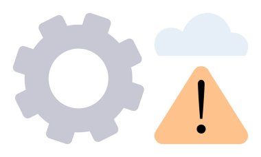 Ayarlar için vites, teknoloji için bulut ve teknik sorunlar, bakım ve alarmlar için üçgen uyarı levhası. Sorun çözme, otomasyon, sistem güncellemeleri, bulut hesaplama riski için ideal