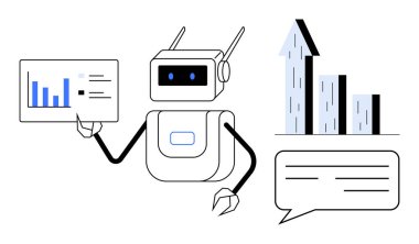 Robot veri tablosu tutuyor, çubuk grafiği büyümeyi vurguluyor, konuşma baloncukları iletişimi gösteriyor. Yapay zeka, otomasyon, analitik, teknoloji, iş dünyası, veri bilimi yeniliği için idealdir. Basit iniş