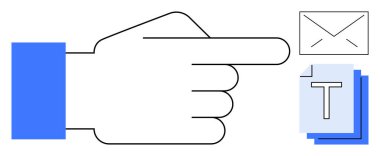 E- posta zarfına ve dosya simgelerine dikkat çekmek için uzanmış el. İletişim, takım çalışması, mesajlaşma, organizasyon, dijital iş akışı, işbirliği, basit iniş sayfası için ideal