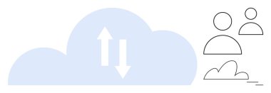Veri transferini sembolize eden yukarı ve aşağı oklarla bulut, insanları temsil eden minimalist kullanıcı simgeleri. Teknoloji, ağ oluşturma, takım çalışması, bulut hesaplama, iletişim, depolama, bağlantı için ideal